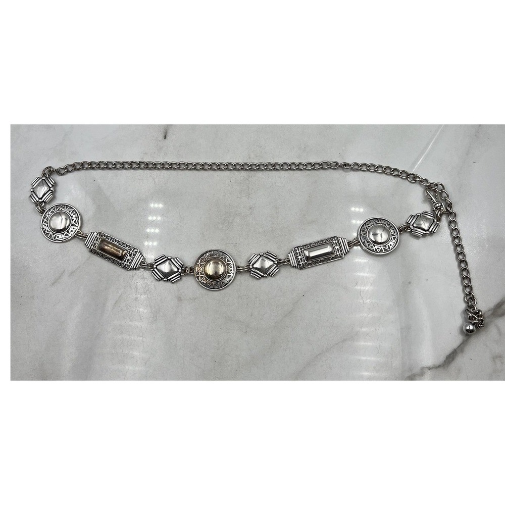Chicos Belt Silver Tone Medallion Chain Adjustable Boho Etched Geometric Clasp